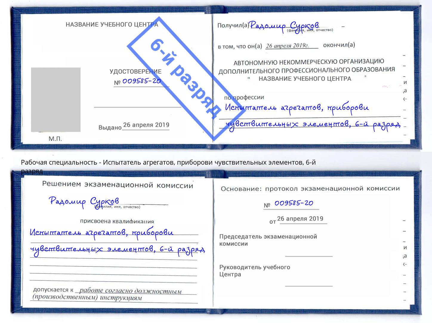корочка 6-й разряд Испытатель агрегатов, приборови чувствительных элементов Вятские Поляны