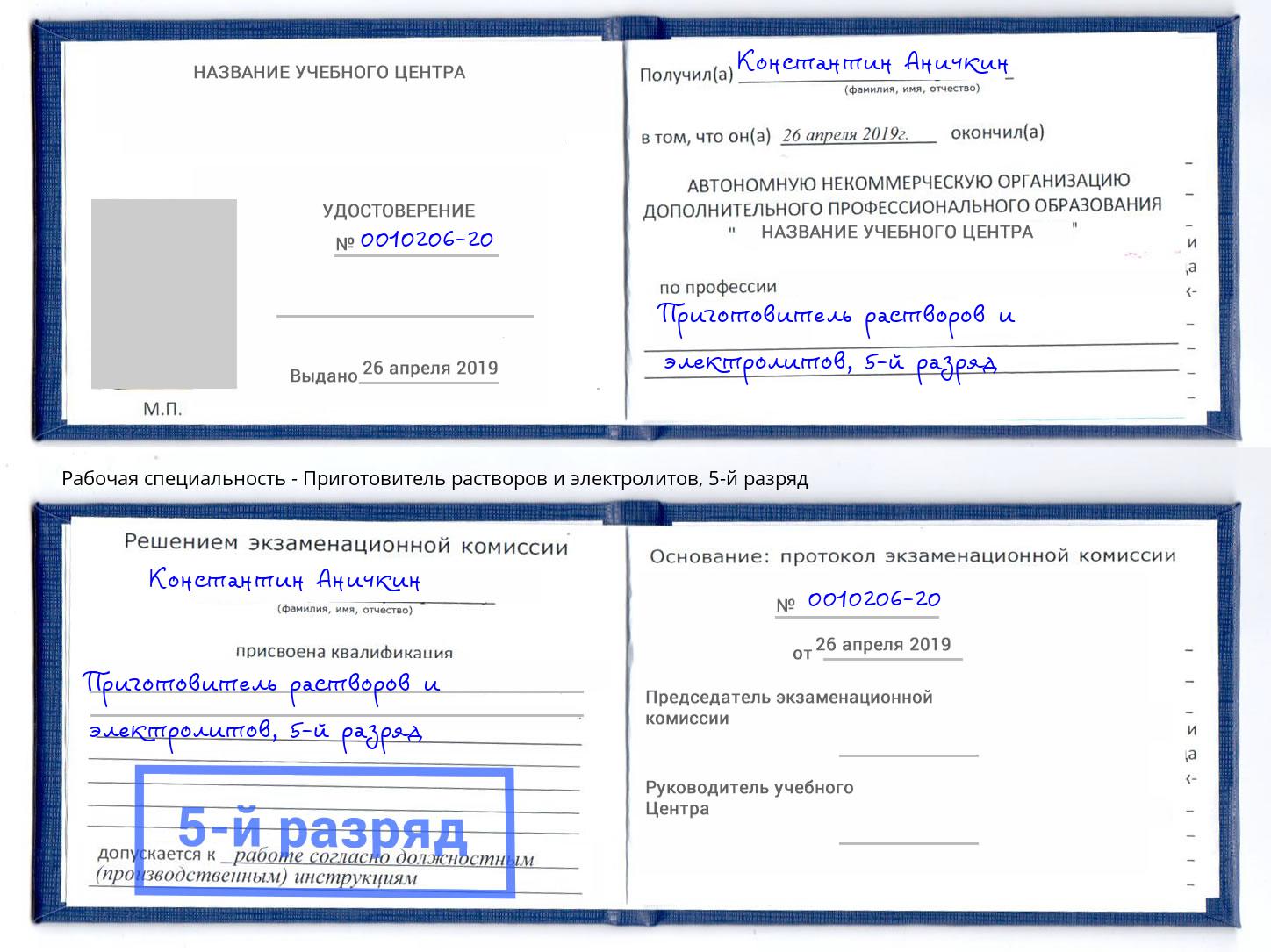 корочка 5-й разряд Приготовитель растворов и электролитов Вятские Поляны