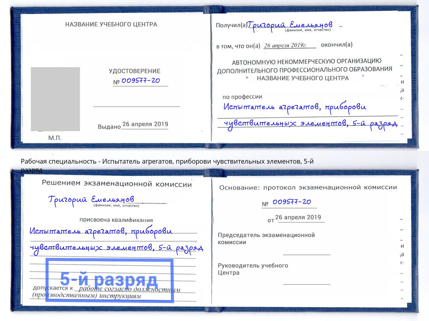 корочка 5-й разряд Испытатель агрегатов, приборови чувствительных элементов Вятские Поляны