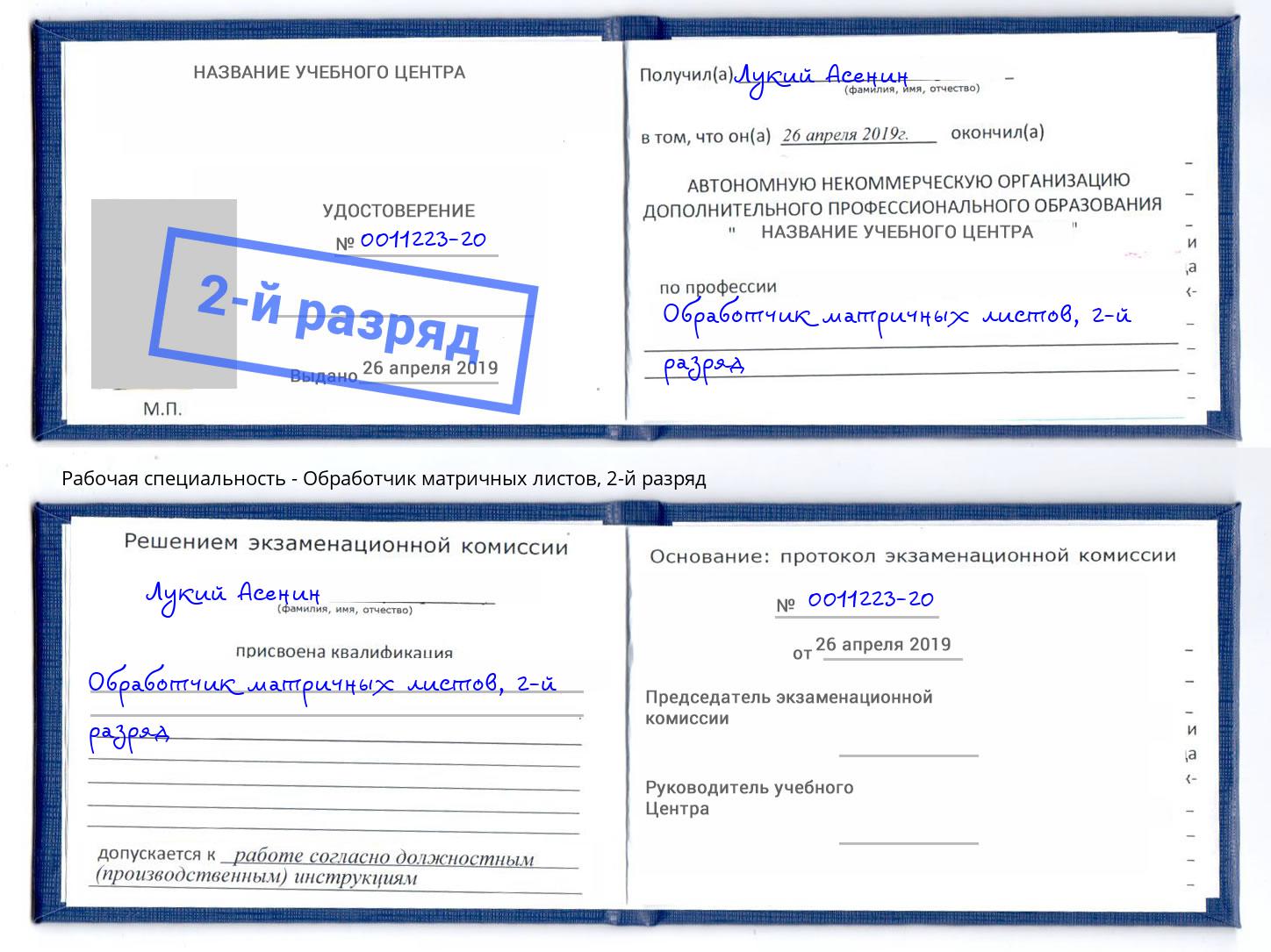 корочка 2-й разряд Обработчик матричных листов Вятские Поляны