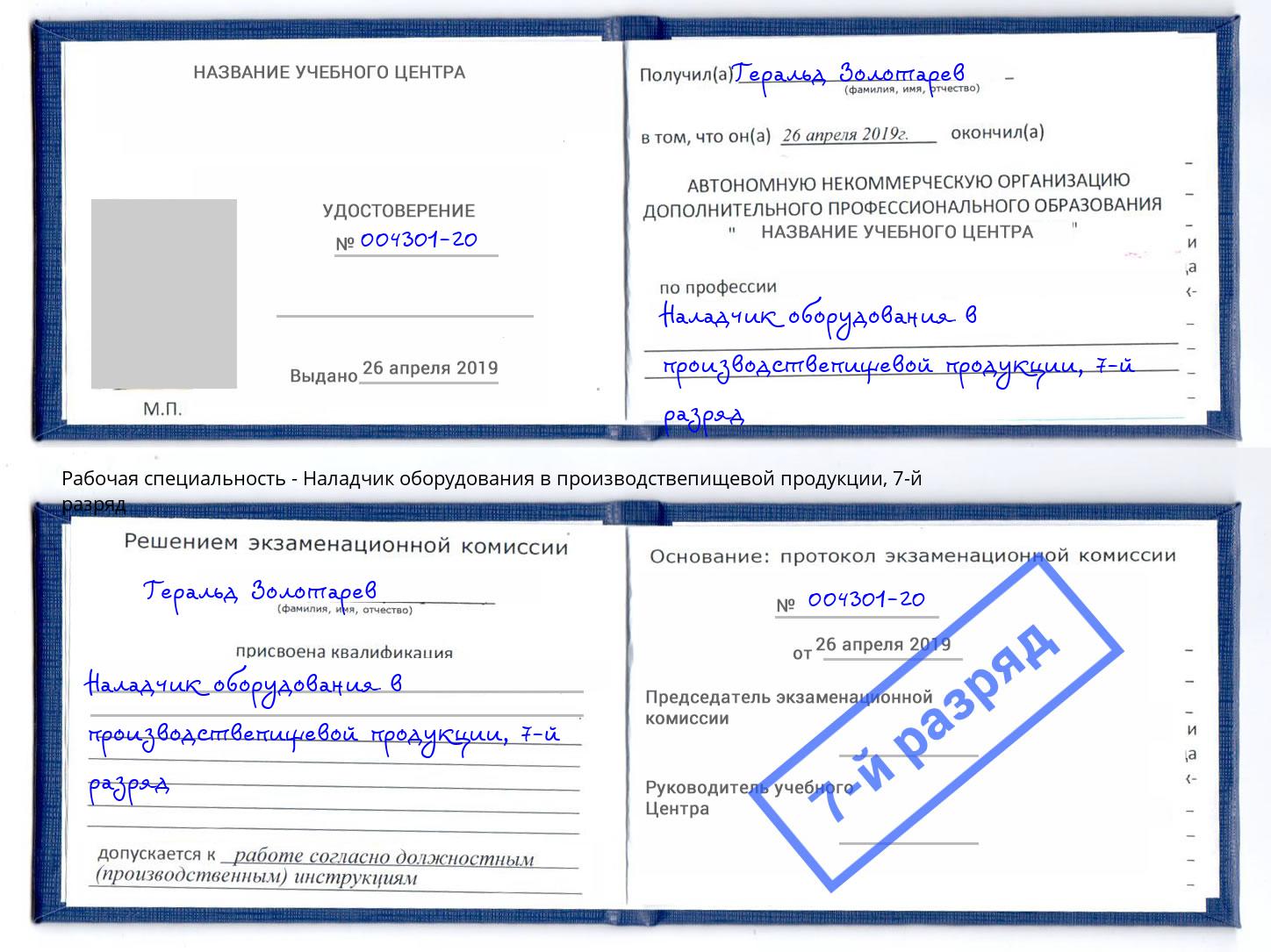 корочка 7-й разряд Наладчик оборудования в производствепищевой продукции Вятские Поляны